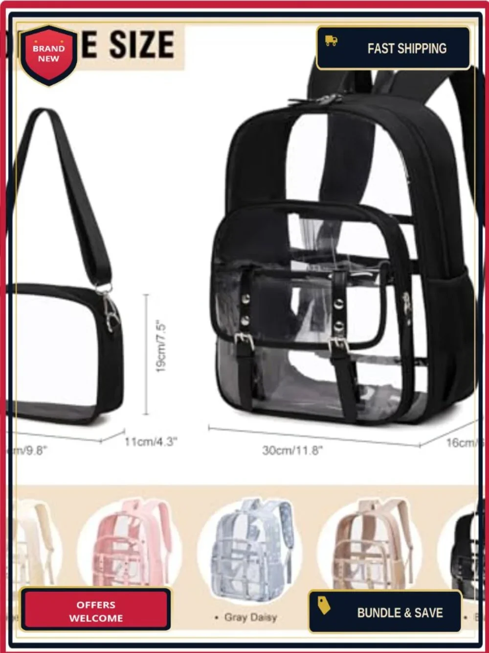 3 Piece Clear Backpack Set Heavy Duty Transparent Bookbag for School College